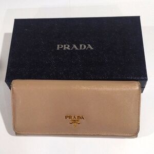 PRADA Wallet 7.5"x3.25" Tan Saffiano Leather Long Flap Snap Closure - Authentic
